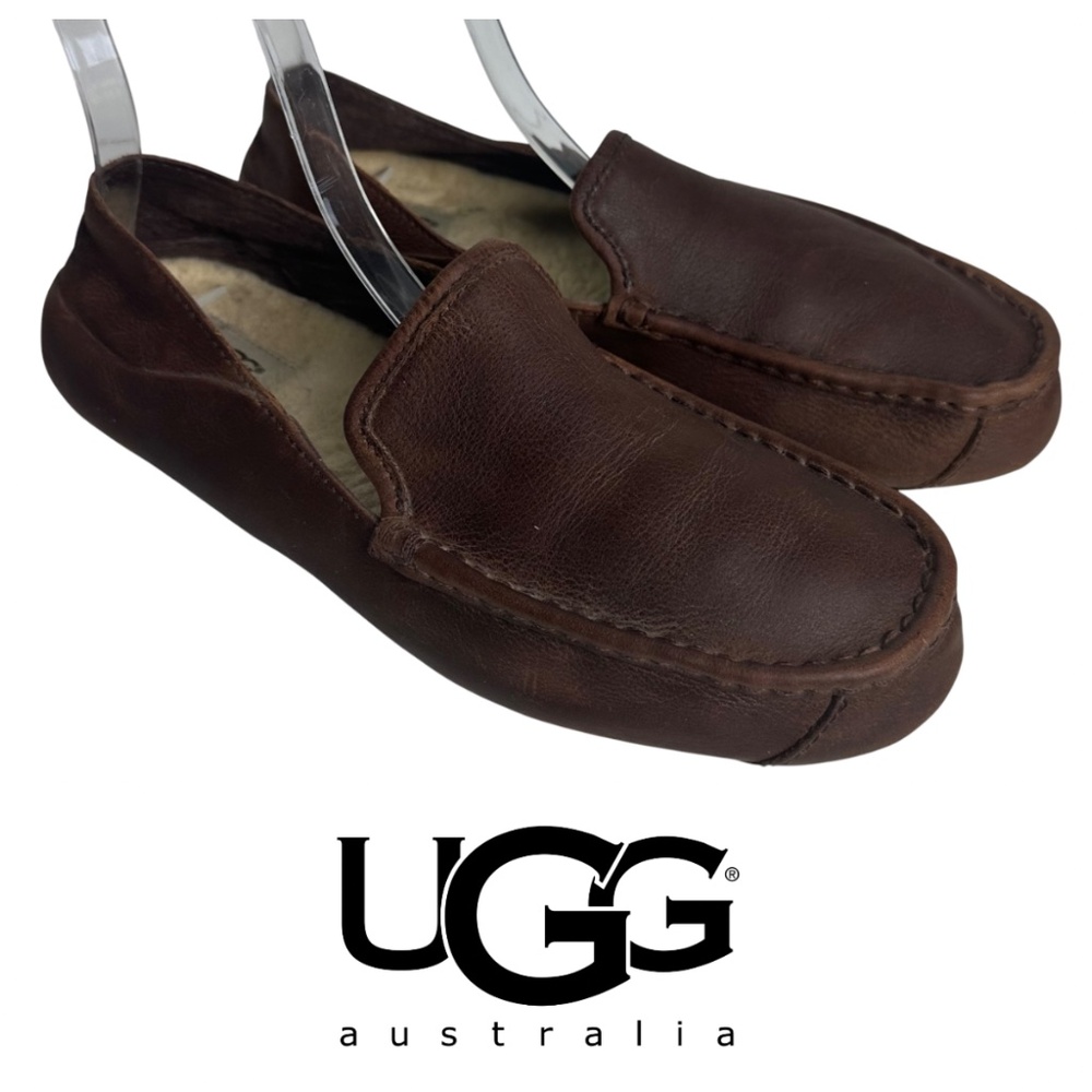 UGG Hunley Loafers Shoes Mens Sz 9 Shearling Lined Brown Leather Driving Mocs - Picture 3 of 9